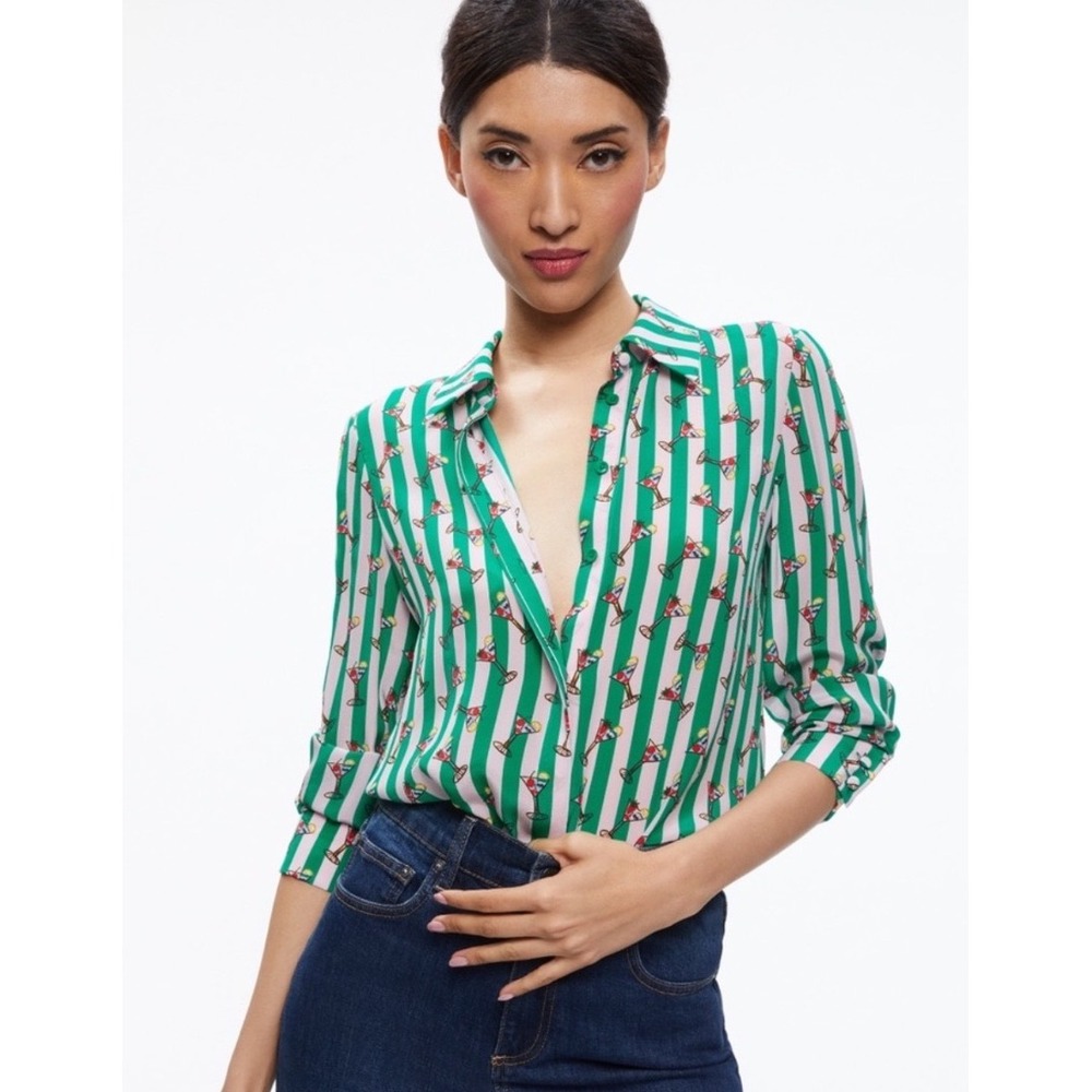 Alice + Olivia X Kendra Dandy Willa Green Striped Martini Silk Blouse Top XS